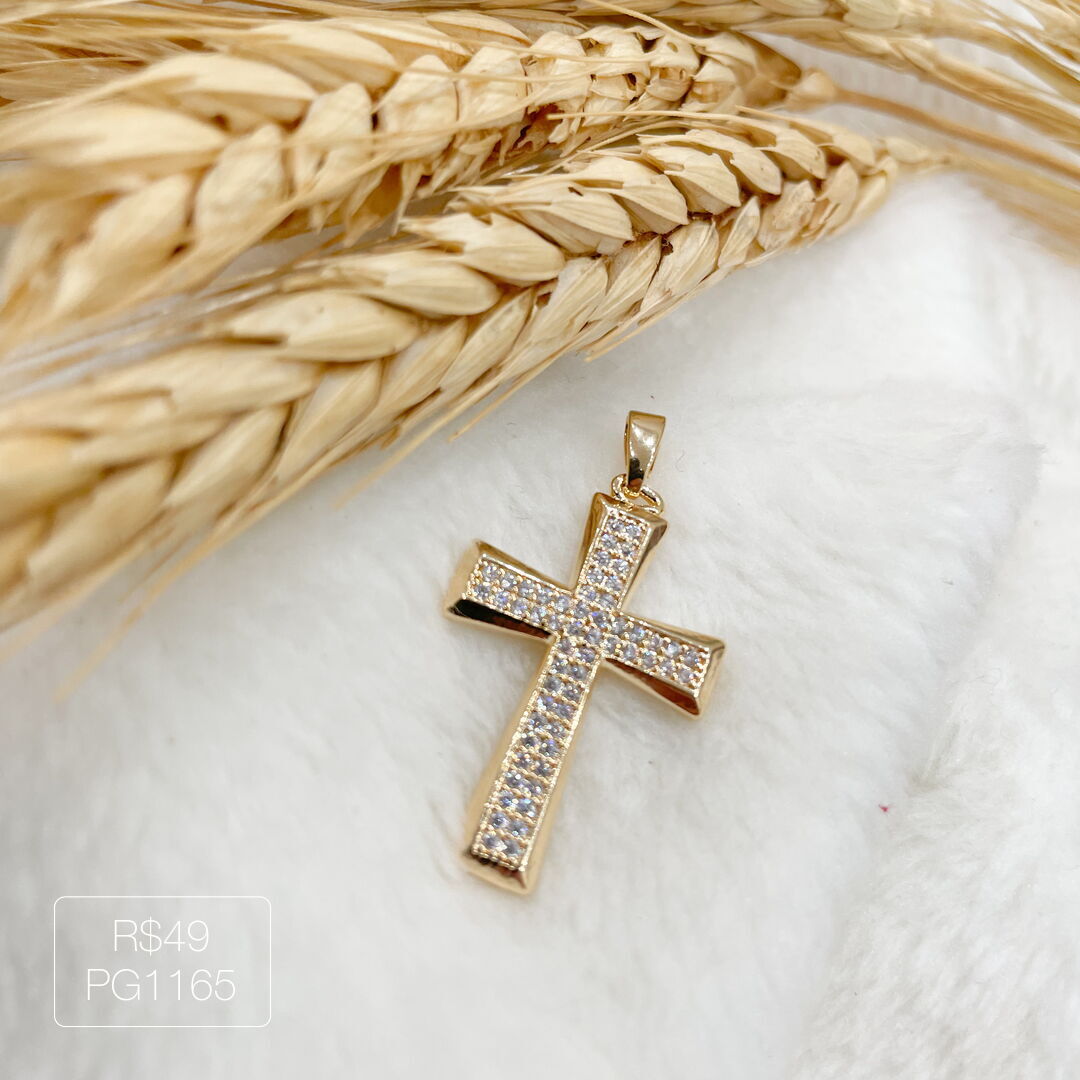 Pingente de Cruz C/ 2 Carreiras Zirc Cravejado Dourado